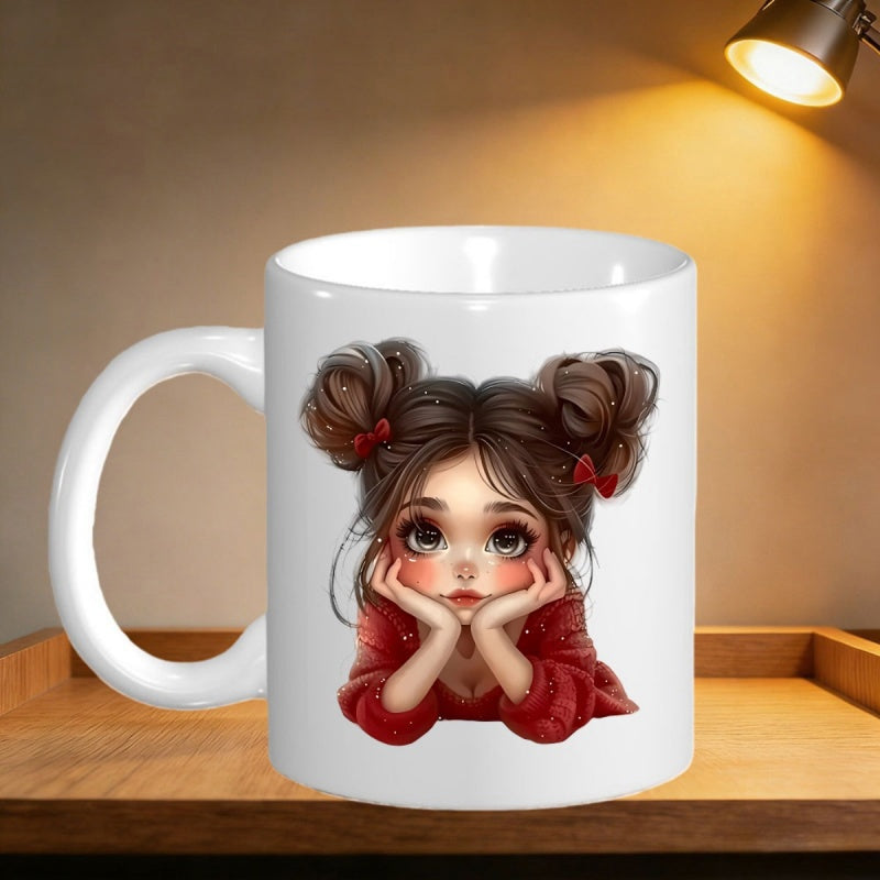 Tailorly White Ceramic 11 oz Mug - Adorable Young Character With Space Buns Resting Face On Hands Girl
