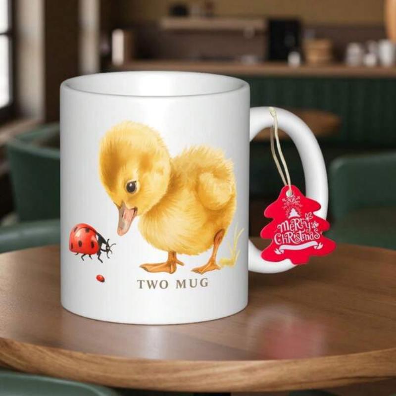 Tailorly White Ceramic 11 oz Mug - Two Mug Small Fluffy Yellow Baby Duckling Watching Tiny Red Spotted Ladybug Duckling