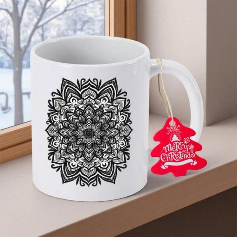 Tailorly White Ceramic 11 oz Mug - Merry Christmas Intricate Hand Drawn Symmetrical Black Ink Floral Geometric Circular Pattern Mandala