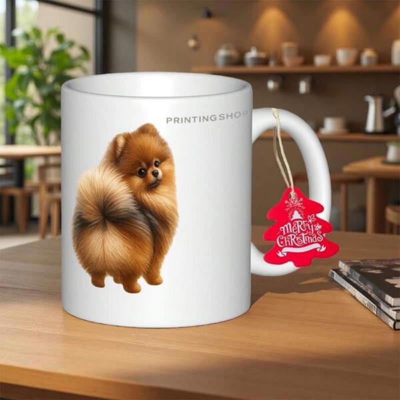 Tailorly White Ceramic 11 oz Mug - Cute Small Fluffy Brown Dog Sitting And Looking Back Over Tail Pomeranian