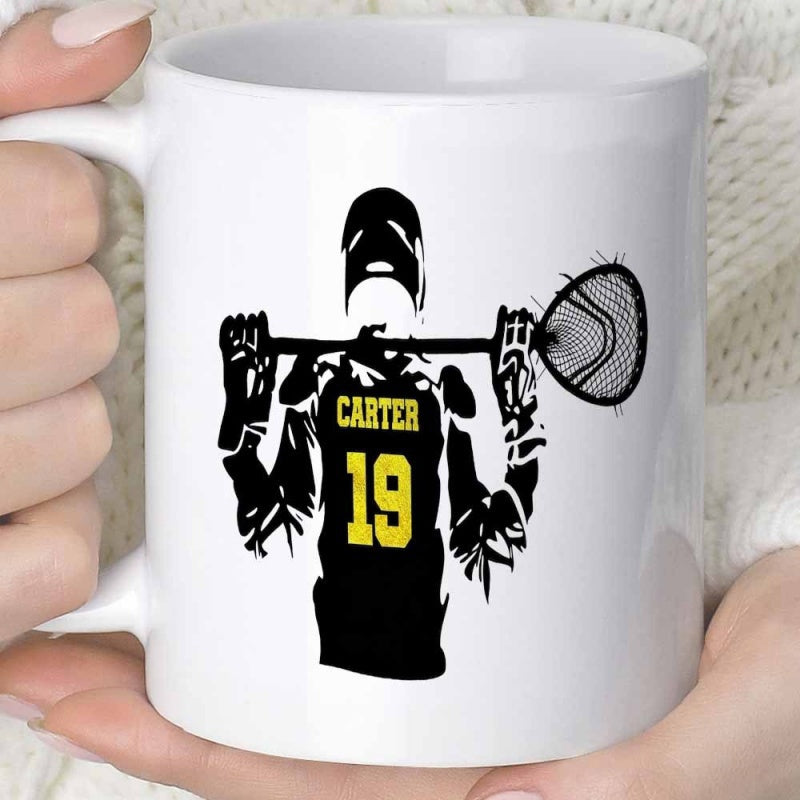 Tailorly White Ceramic 11 oz Mug - Carter Powerful Lacrosse Player Silhouette Holding Stick Across Shoulders In Athletic Pose Lacrosse Player
