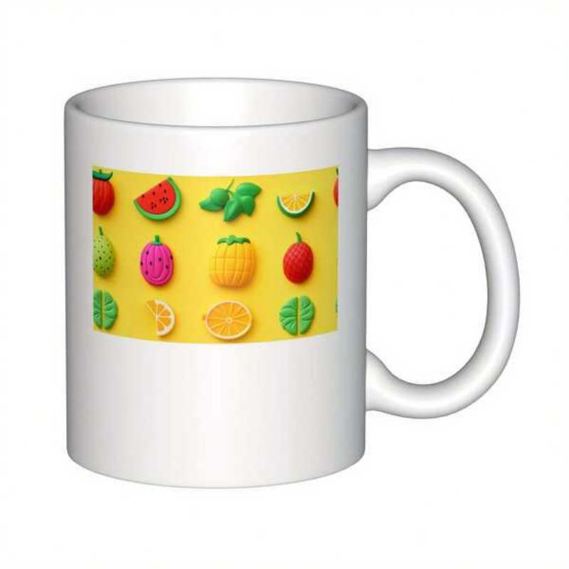 Tailorly White Ceramic 11 oz Mug - Various Colorful Tropical Fruit Icons Arranged On Bright Yellow Background Fruit
