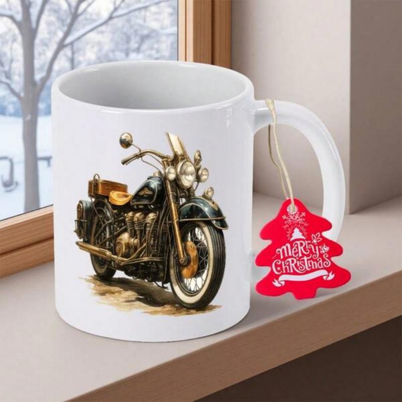 Tailorly White Ceramic 11 oz Mug - Merry Christmas Classic Vintage Style Cruiser Resting On Ground With Metallic Details Motorcycle