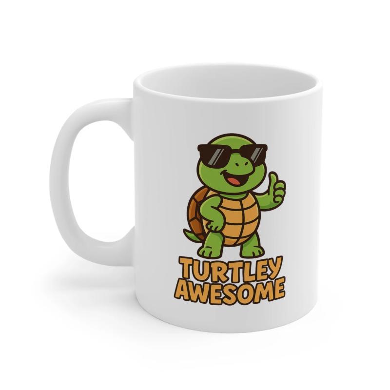 Tailorly White Ceramic 11 oz Mug - Turtley Awesome Cheerful Green Sea Creature Wearing Black Sunglasses Giving A Thumbs Up Turtle