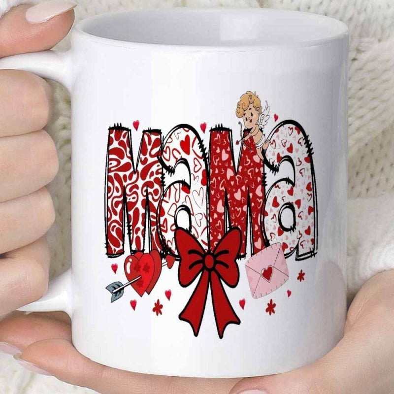 Tailorly White Ceramic 11 oz Mug - Mama Red Heart Patterned Letters Featuring Adorable Cupid And Decorative Bow Mama