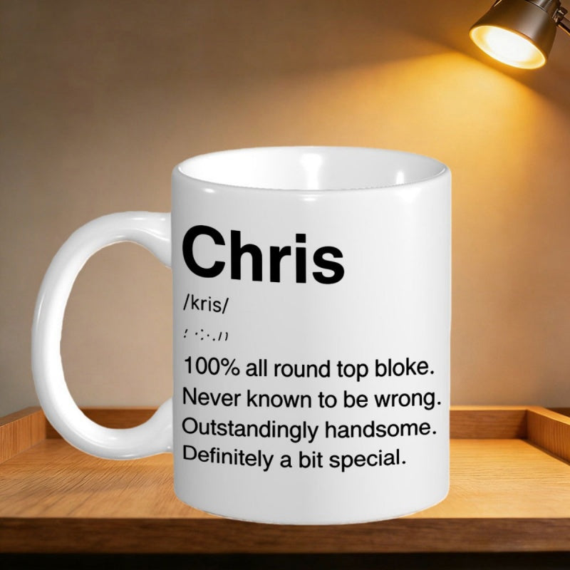 Tailorly White Ceramic 11 oz Mug - Chris Minimalist Dictionary Style Description Printed On