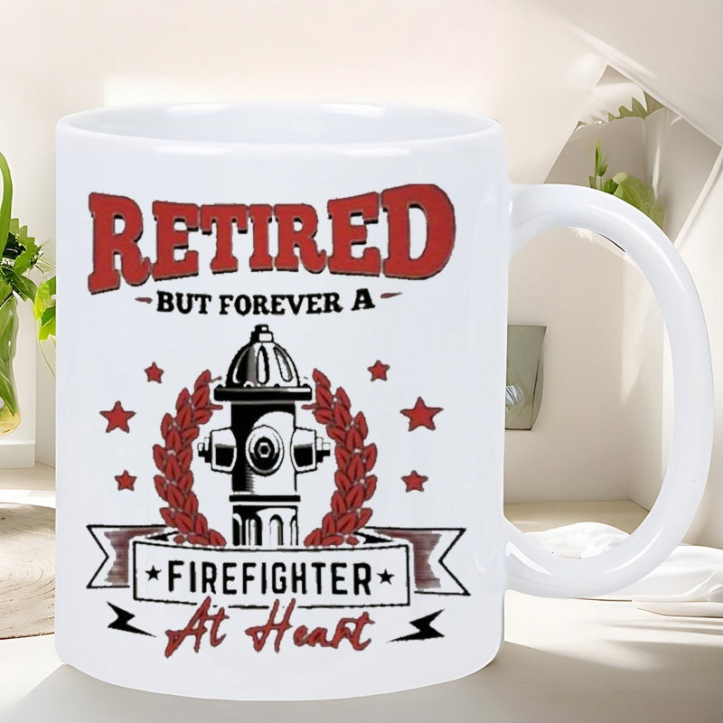 Tailorly White Ceramic 11 oz Mug - Retired But Forever A Firefighter At Heart Classic Fire Hydrant Surrounded By Red Wreaths And Stars Fire Hydrant