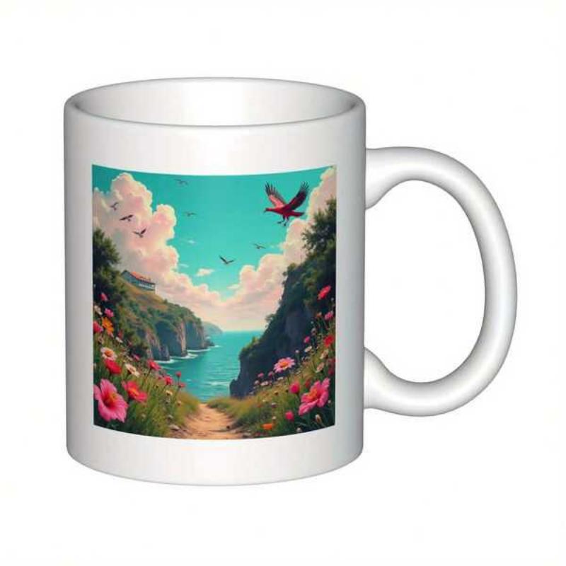 Tailorly White Ceramic 11 oz Mug - Lush Floral Cliffs Overlooking Serene Blue Ocean Under Soft Fluffy Clouds Landscape