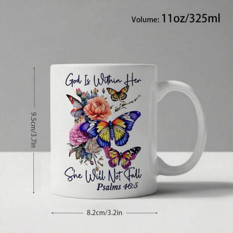 Tailorly White Ceramic 11 oz Mug - God Is Within Her She Will Not Fall Psalms 46 5 Vibrant Butterflies Hovering Over Colorful Blooming Flowers And Lush Green