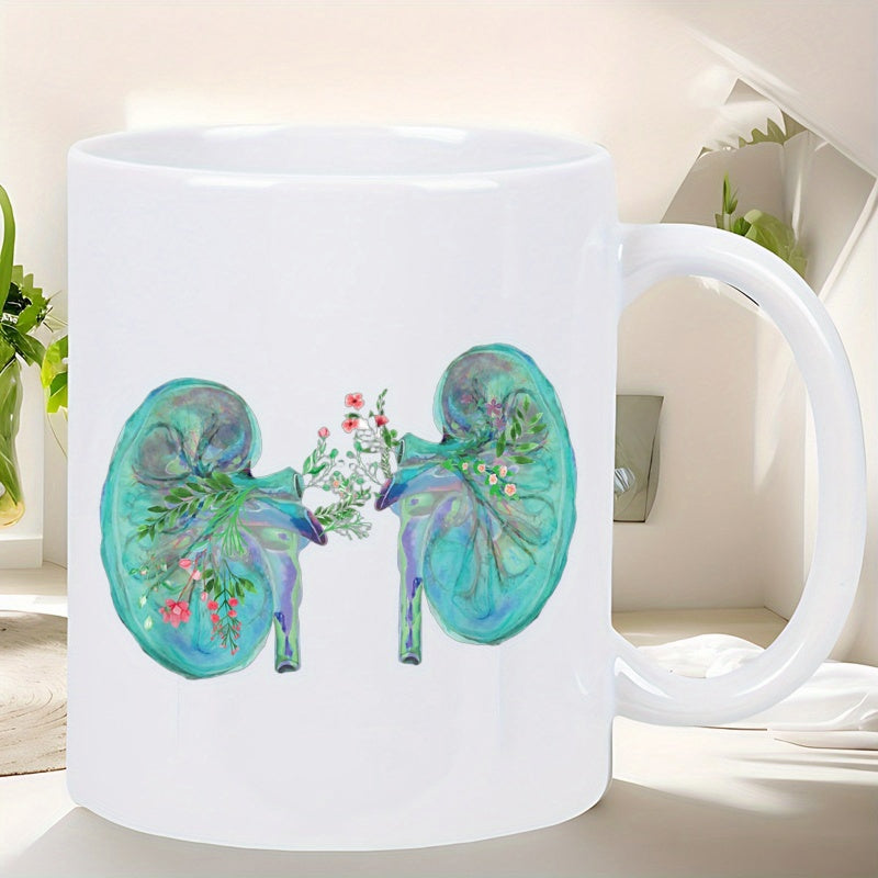 Tailorly White Ceramic 11 oz Mug - Artistic Teal Watercolor Style Featuring Blooming Floral Vines And Delicate Flowers Kidneys