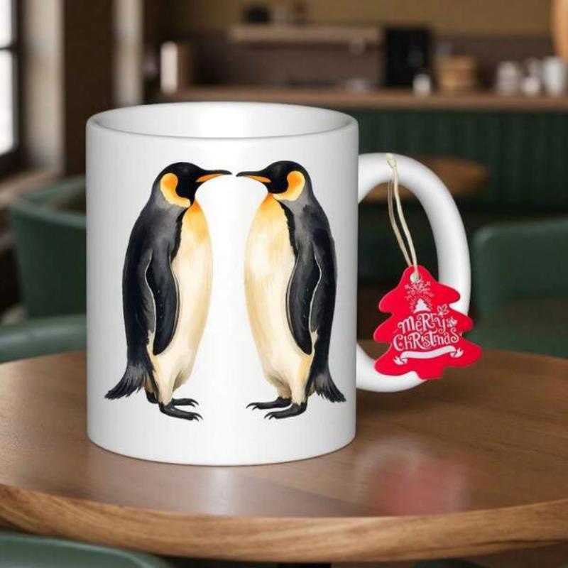 Tailorly White Ceramic 11 oz Mug - Merry Christmas Charming Pair Of Emperor Penguins Standing Face To Face In Realistic Style Penguin
