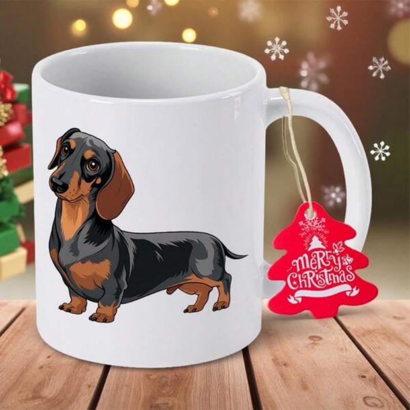 Tailorly White Ceramic 11 oz Mug - Merry Christmas Loyal Black And Tan Dog Standing In Proud Alert Stance Dachshund
