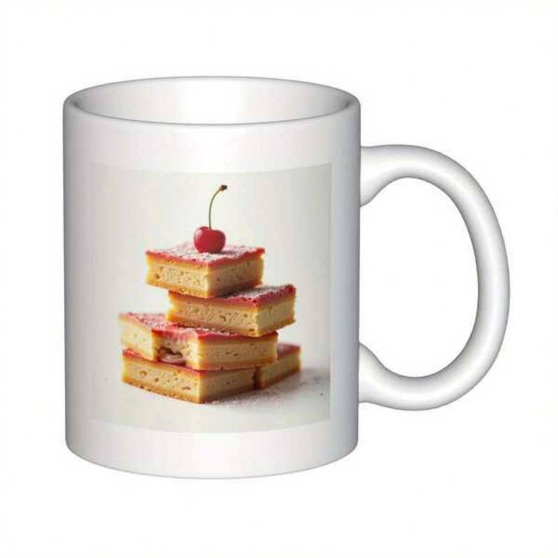 Tailorly White Ceramic 11 oz Mug - Delicious Stacked Square Pastries With Pink Glaze And A Single Red Cherry Cake