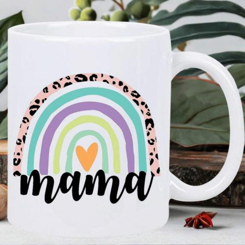 Tailorly White Ceramic 11 oz Mug - Mama Stylized Leopard Print Arches Over A Small Central Heart Rainbow