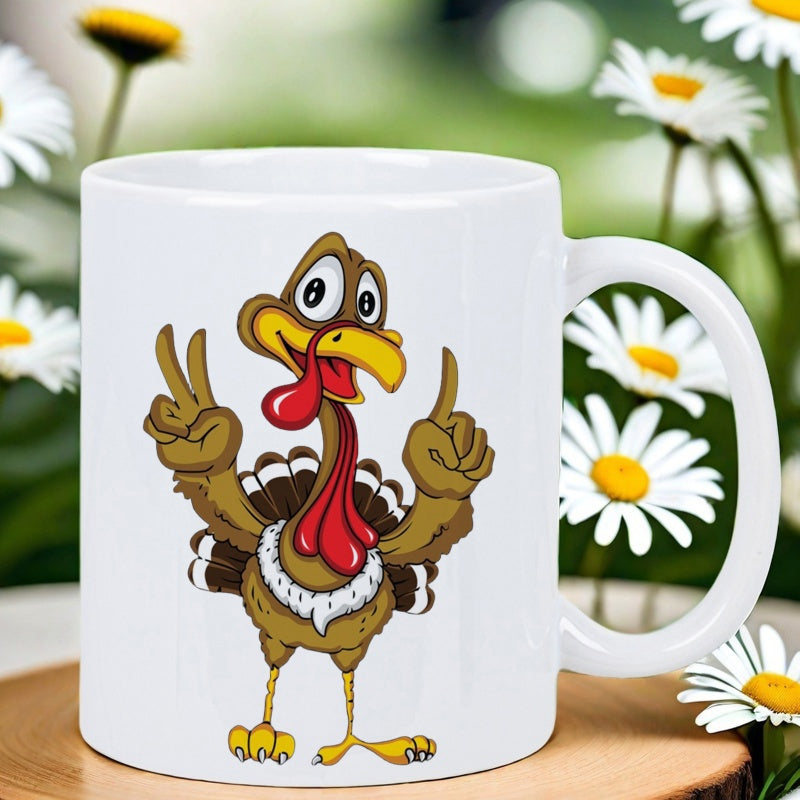 Tailorly White Ceramic 11 oz Mug - Cheerful Animated Bird With Expressive Eyes Making Peace Signs In Garden Turkey