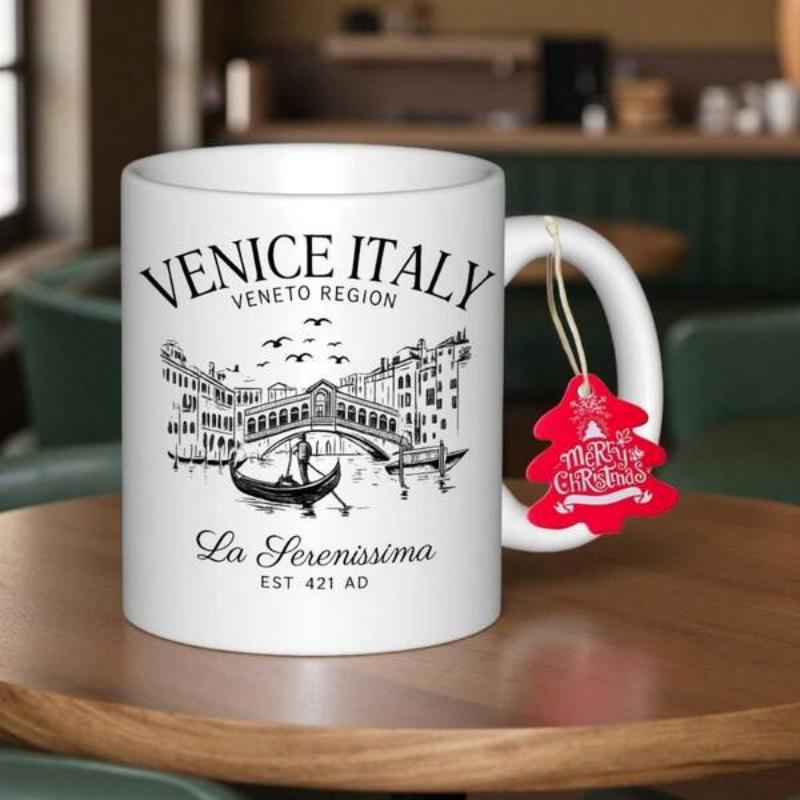 Tailorly White Ceramic 11 oz Mug - Venice Italy Veneto Region La Serenissima EST 421 AD Hand Drawn Sketch Of Gondola Resting Under Majestic Historic Rialto Bridge