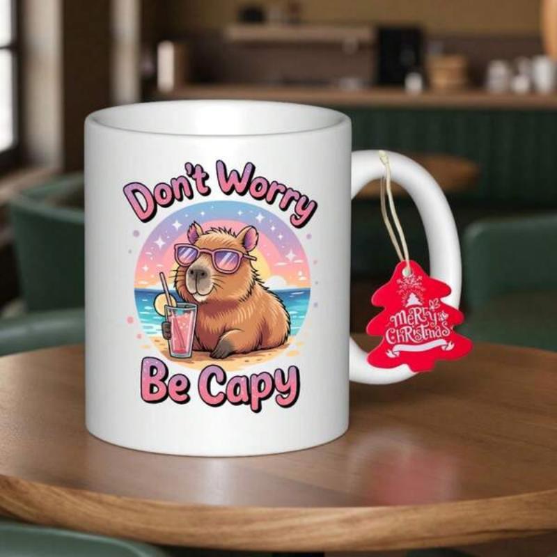 Tailorly White Ceramic 11 oz Mug - Dont Worry Be Capy Wearing Pink Sunglasses Drinking A Beverage On A Sunny Tropical Beach Capybara