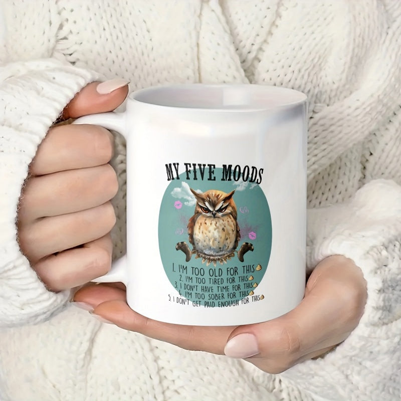 Tailorly White Ceramic 11 oz Mug - My Five Moods Grumpy Brown Owl Sitting Inside A Decorative Teal Oval With Sparkles Owl
