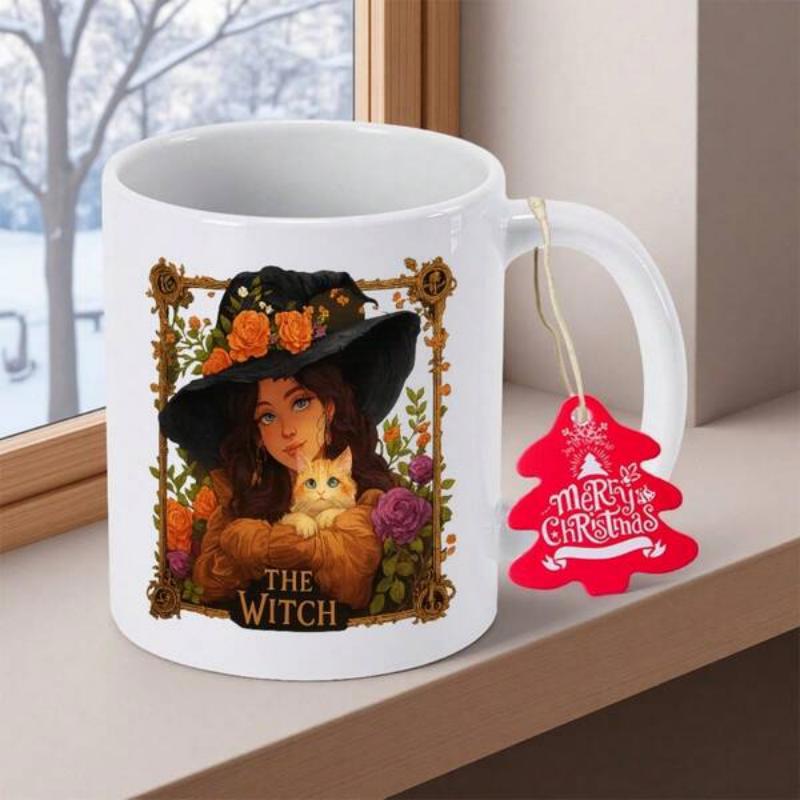 Tailorly White Ceramic 11 oz Mug - The Witch Mystical Girl Wearing Floral Hat Holding A Small Fluffy Yellow Cat Witch