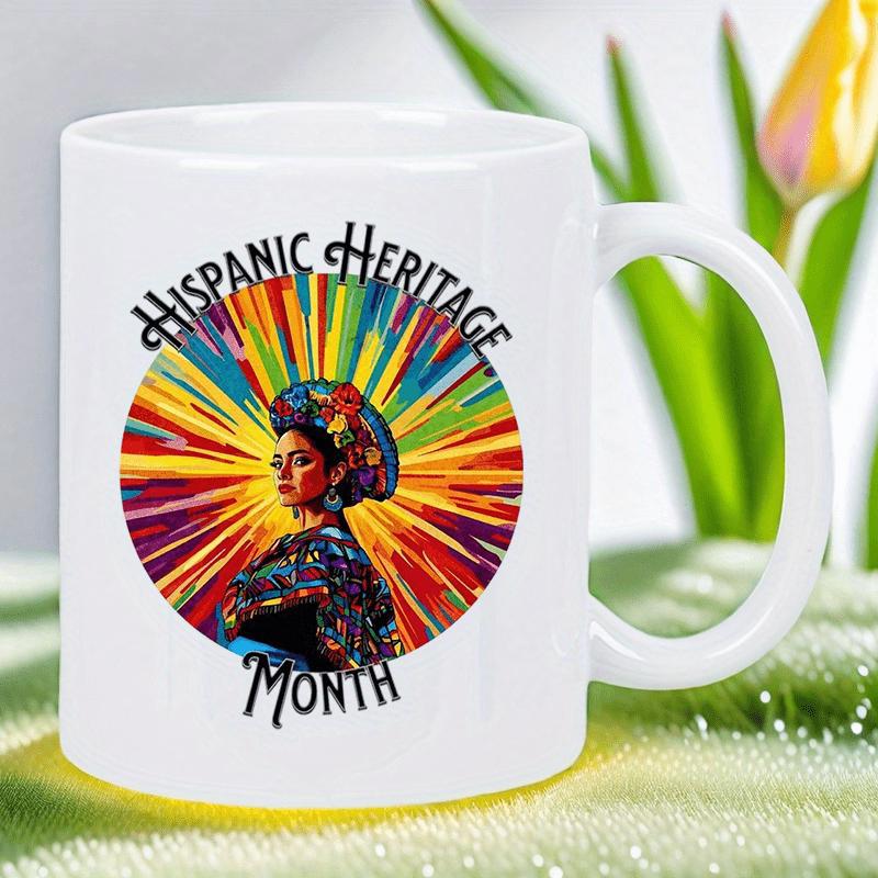 Tailorly White Ceramic 11 oz Mug - Hispanic Heritage Month Vibrant Colorful Sunburst Rays Behind A Traditional Artistic Cultural Woman