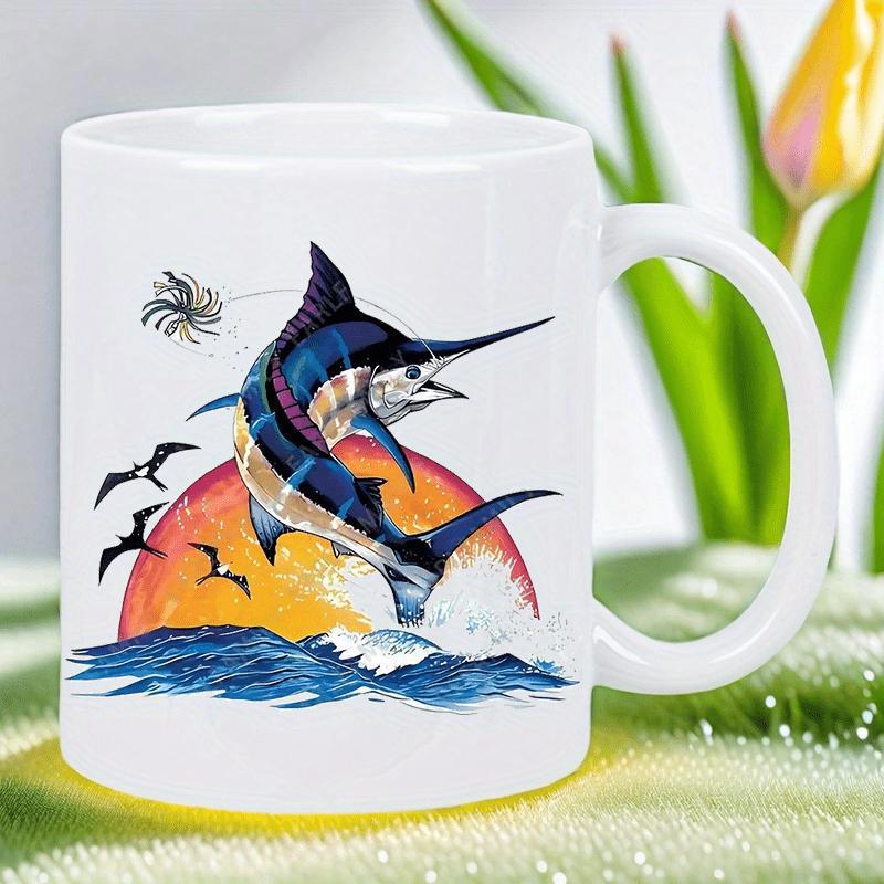 Tailorly White Ceramic 11 oz Mug - Majestic Blue Marlin Jumping Above Deep Blue Ocean Waves Marlin