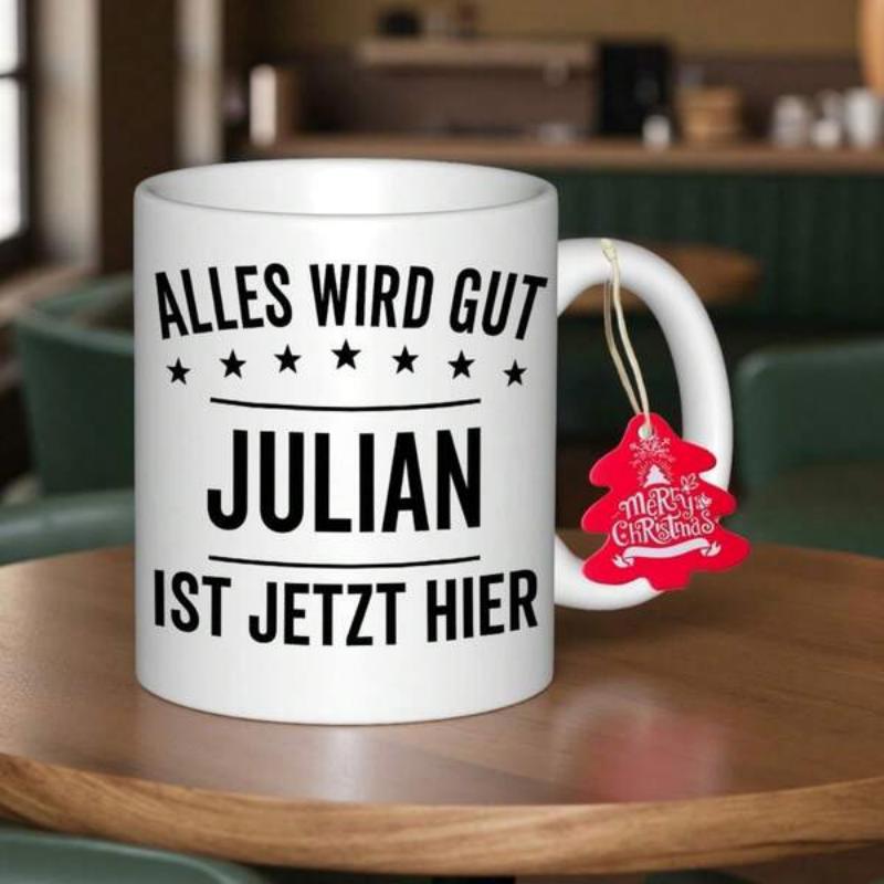 Tailorly White Ceramic 11 oz Mug - Minimalist With Small Stars And Red Festive Tag Mug
