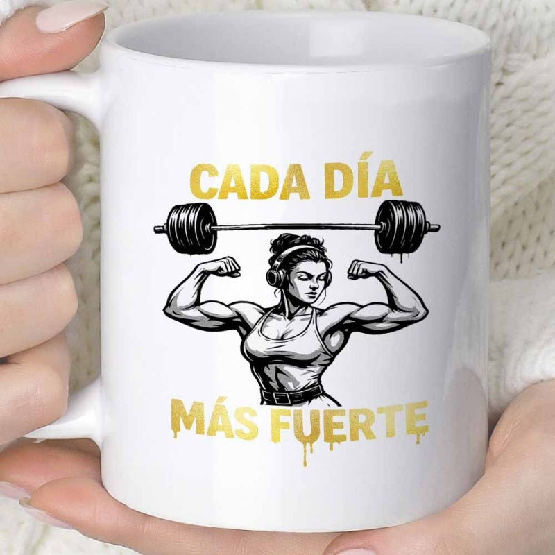 Tailorly White Ceramic 11 oz Mug - Powerful Athletic Lady Flexing Her Biceps Under Heavy Weight Barbell Woman