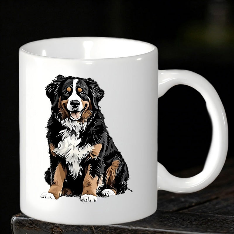 Tailorly White Ceramic 11 oz Mug - Loyal Sitting Bernese Mountain Dog With Fluffy Tri Color Fur Illustration Dog
