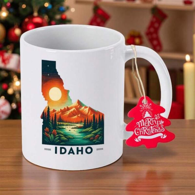 Tailorly White Ceramic 11 oz Mug - Idaho Scenic Mountain Landscape With Golden Sunset Over River Through State Silhouette Idaho