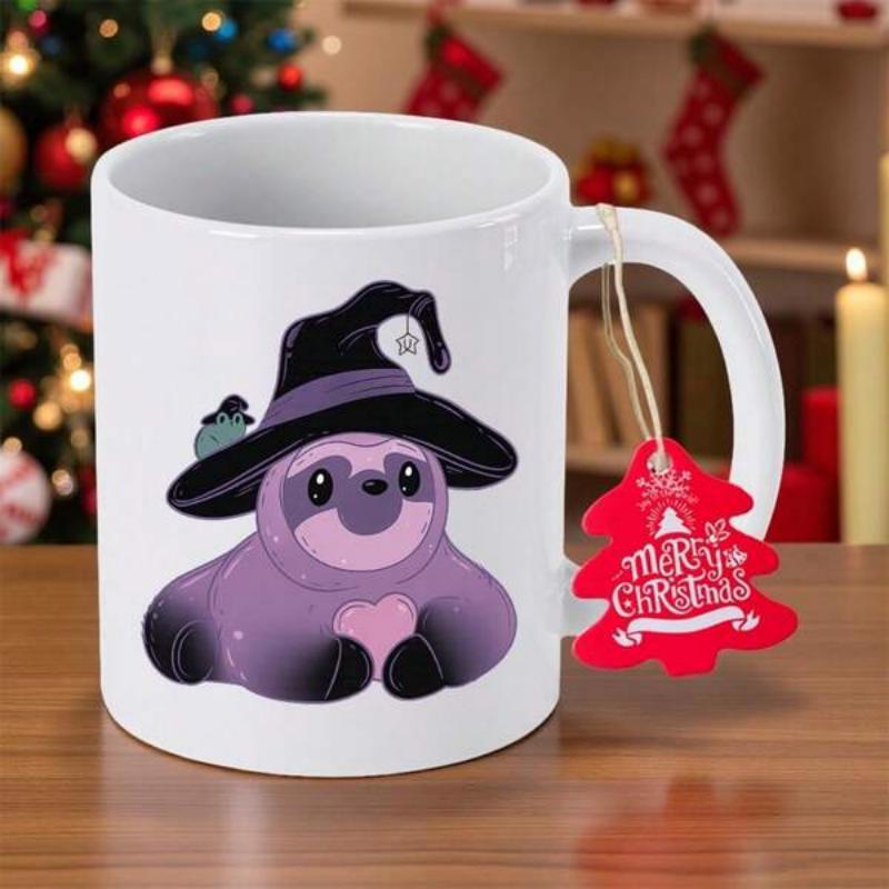 Tailorly White Ceramic 11 oz Mug - Purple Cartoon Character Wearing Witch Hat And Sitting Peacefully Sloth
