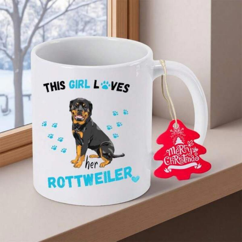 Tailorly White Ceramic 11 oz Mug - This Girl Loves Her Rottweiler Loyal Black Dog Surrounded By Blue Paw Prints Rottweiler