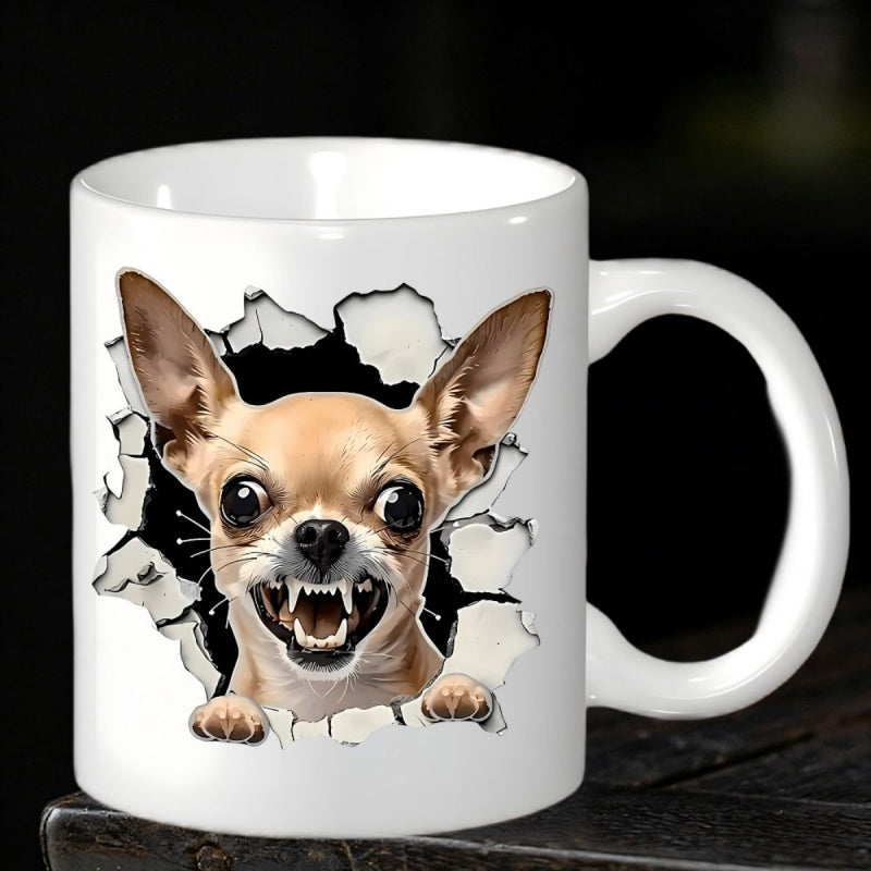 Tailorly White Ceramic 11 oz Mug - Funny Chihuahua Bursting Through A Cracked White Wall With Sharp Teeth Chihuahua