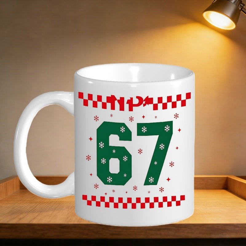 Tailorly White Ceramic 11 oz Mug - NP 67 Red Checkered Borders With Green Jersey Number Surrounded By Festive Winter Snowflakes Mug