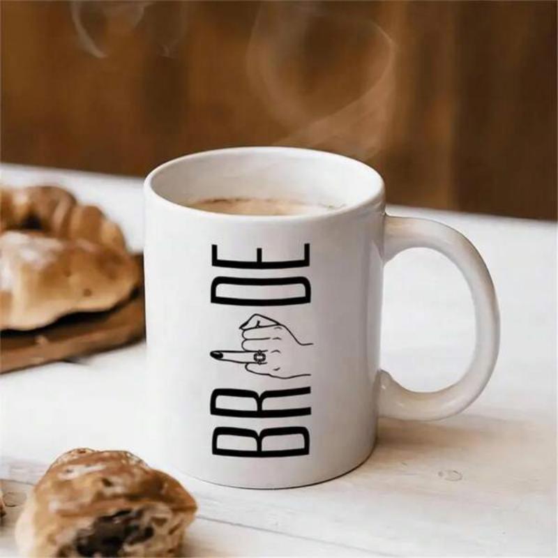 Tailorly White Ceramic 11 oz Mug - Bride Minimalist Line Art Hand Wearing Wedding Ring Holding Cigarette Hand
