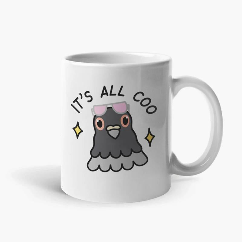 Tailorly White Ceramic 11 oz Mug - Its All Coo Chubby Cartoon Gray Bird With Cool Sunglasses And Shimmering Star Sparkles Pigeon