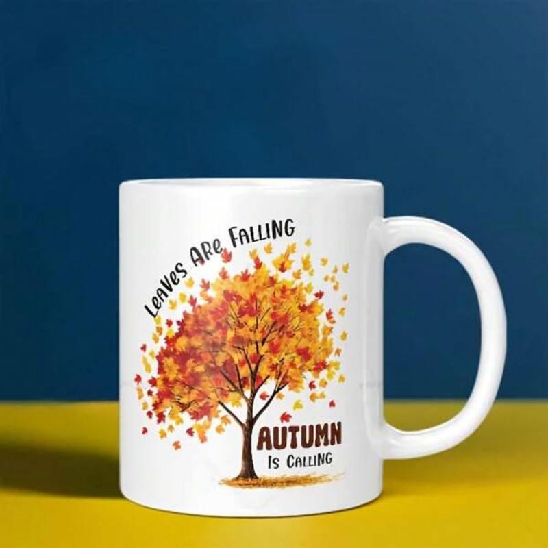 Tailorly White Ceramic 11 oz Mug - Leaves Are Falling Autumn Is Calling Vibrant Seasonal Tree With Golden Orange Falling Foliage Under Sunlight Tree