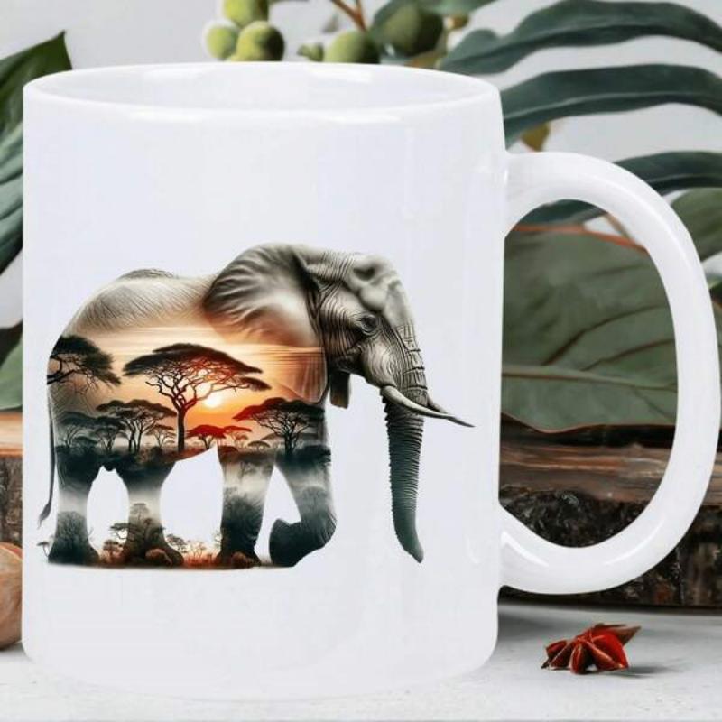 Tailorly White Ceramic 11 oz Mug - Majestic African Savanna Scene With Sunset And Acacia Trees Inside Elegant Elephant