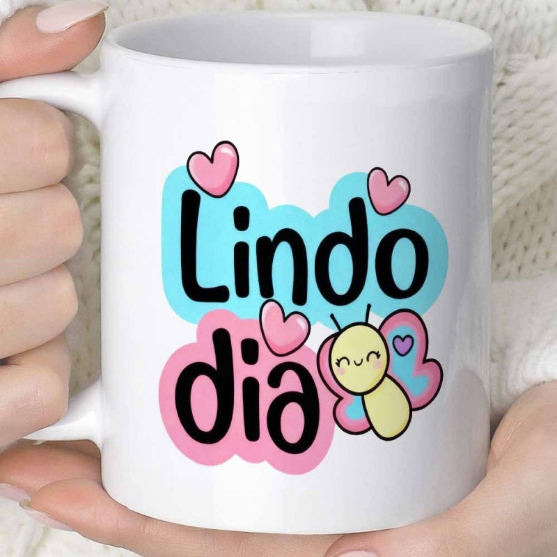 Tailorly White Ceramic 11 oz Mug - Cute Smiling Cartoon Butterfly With Pink Hearts And Vibrant Pastel Background Butterfly