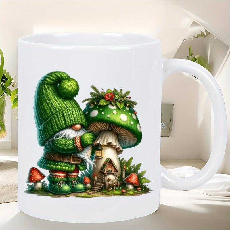 Tailorly White Ceramic 11 oz Mug - Charming Forest Creature Wearing Green Knitted Outfit Beside Magic Mushroom Gnome
