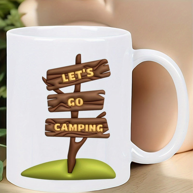 Tailorly White Ceramic 11 oz Mug - Lets Go Camping Wooden Textured Directional Planks Standing Upon A Grassy Hill Signpost
