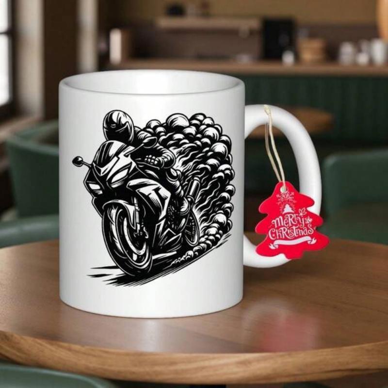 Tailorly White Ceramic 11 oz Mug - Fast Sportbike Leaning Into Sharp Turn With Thick Billowing Exhaust Smoke Motorcycle