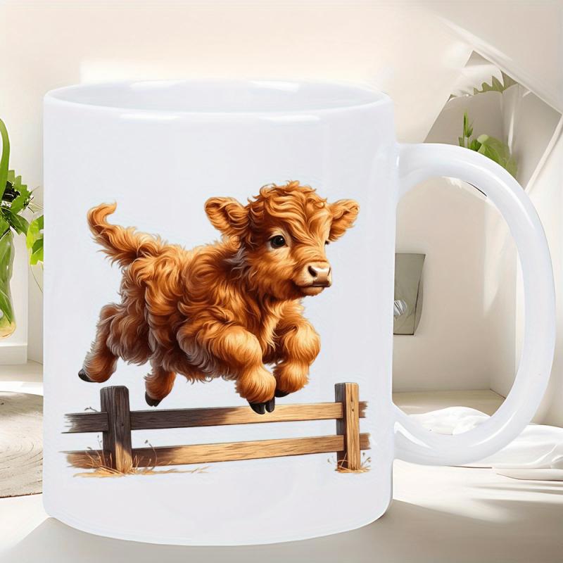 Tailorly White Ceramic 11 oz Mug - Playful Fluffy Brown Highland Calf Leaping Over A Small Wooden Fence Cow