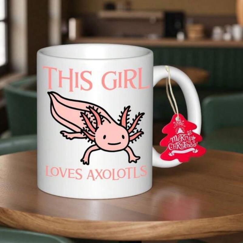 Tailorly White Ceramic 11 oz Mug - This Girl Loves Axolotls Cute Smiling Pink Aquatic Creature Swimming Within A Minimal Background Axolotl
