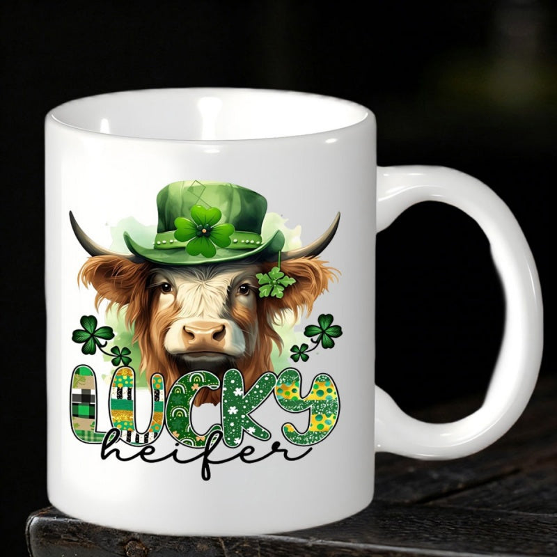 Tailorly White Ceramic 11 oz Mug - Lucky Heifer Wearing A Festive Green Hat Decorated With Four Leaf Clover Highland Cow