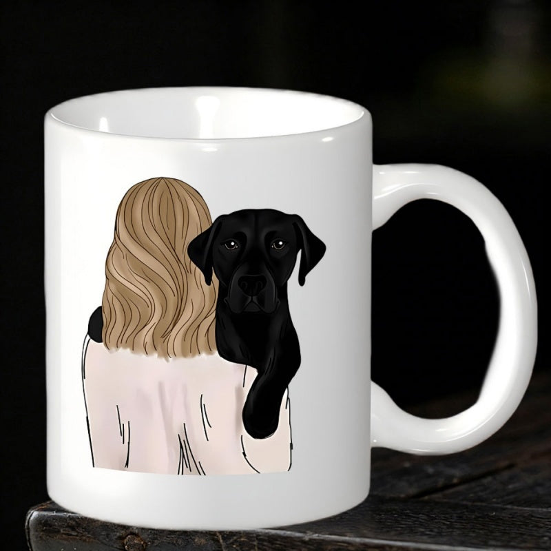 Tailorly White Ceramic 11 oz Mug - Gentle Long Hair Woman With Faithful Black Labrador Furry Companion Dog