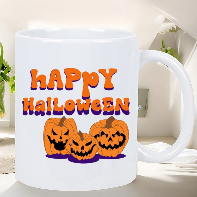 Tailorly White Ceramic 11 oz Mug - Happy Halloween Three Spooky Carved Jack O Lanterns Sitting Under Retro Lettering Pumpkin