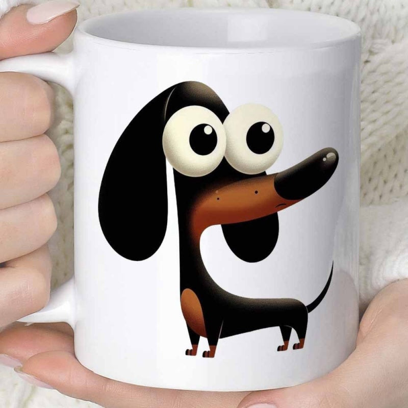 Tailorly White Ceramic 11 oz Mug - Playful Cartoon With Exaggerated Googly Eyes And Long Slender Body Dachshund