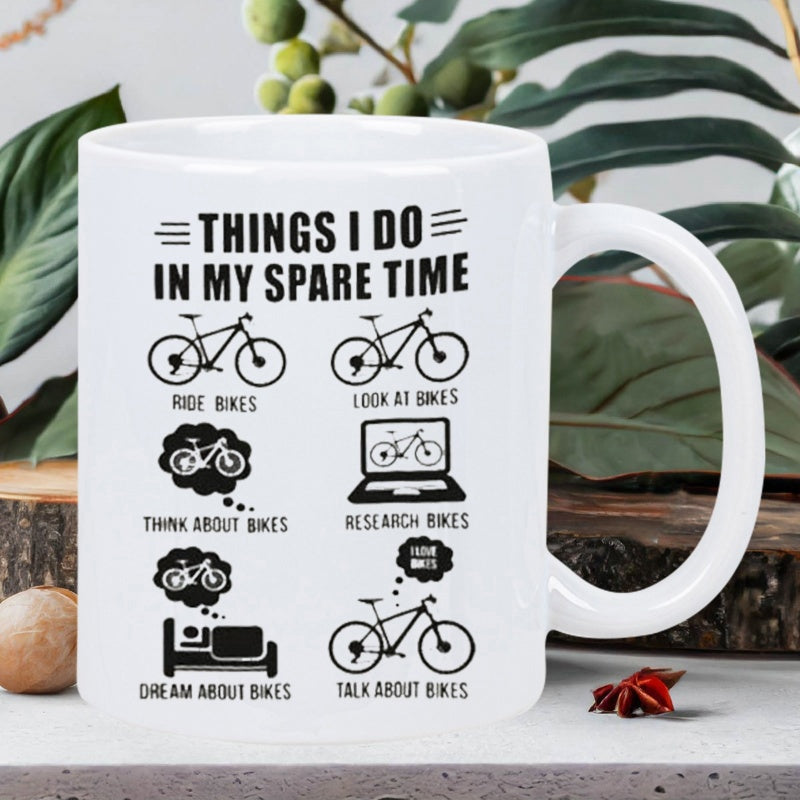 Tailorly White Ceramic 11 oz Mug - Things I Do In My Spare Time Minimalist Black Line Icons Showing Multiple Cycling Activities For Hobbyist Riders Bicycle