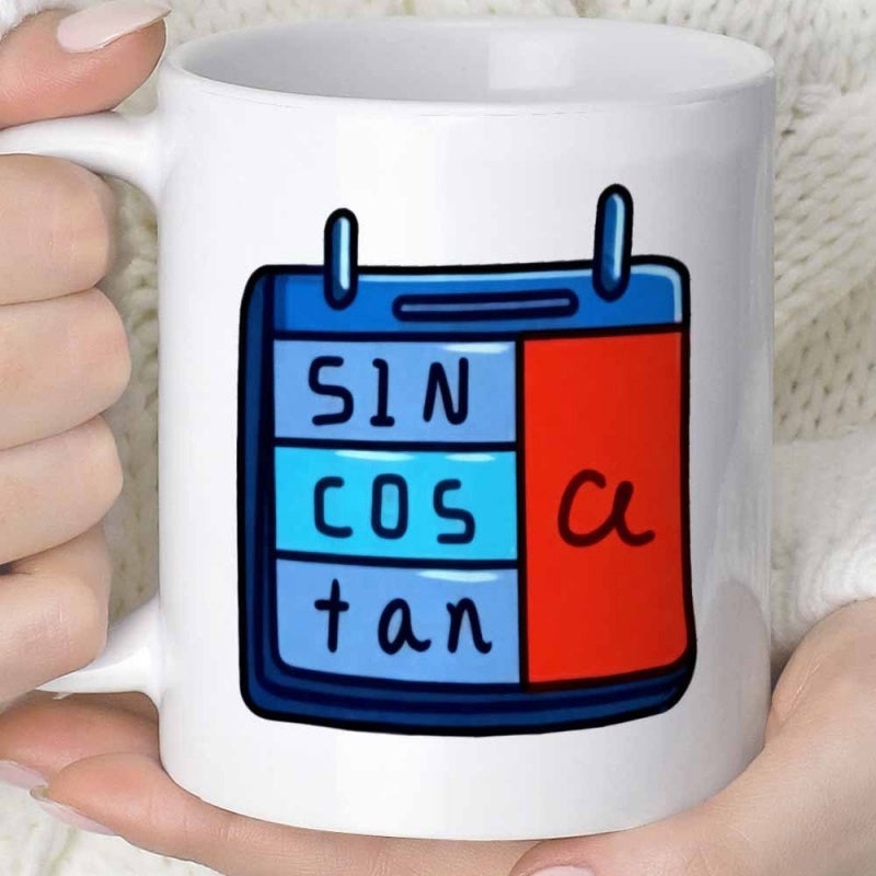 Tailorly White Ceramic 11 oz Mug - Sin Cos Tan Stylized Math Grid Featuring Red And Blue Colors Among Academic Symbols Calendar