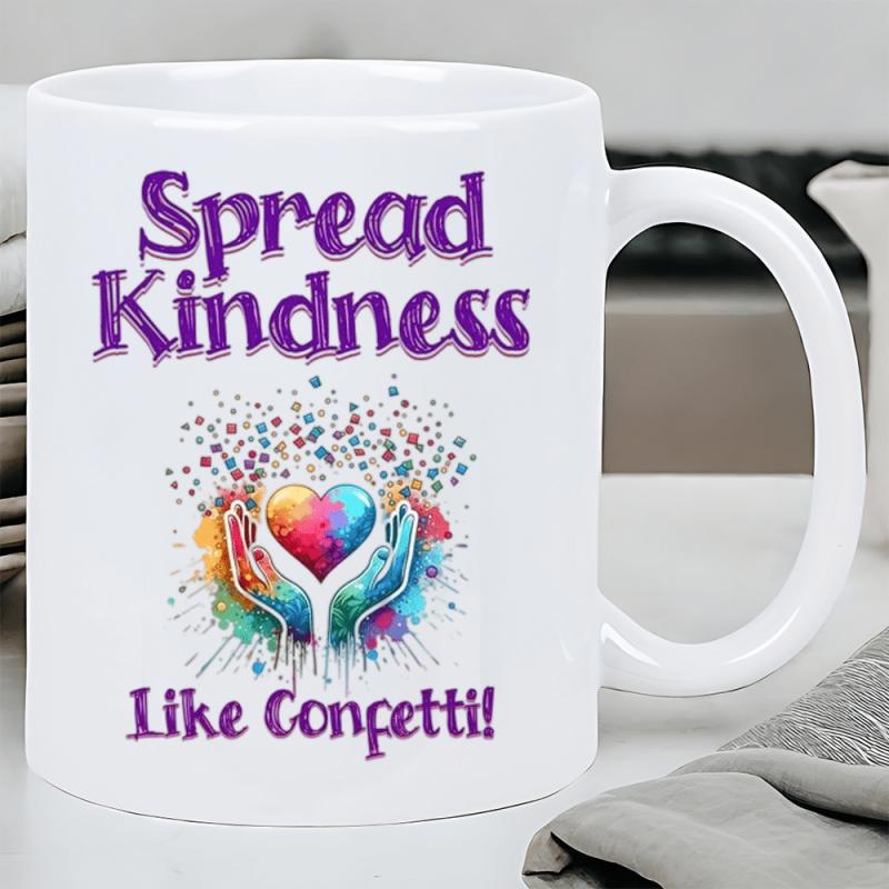 Tailorly White Ceramic 11 oz Mug - Spread Kindness Like Confetti Colorful Hands Holding A Vibrant Rainbow Heart Among Splattering Dots Heart